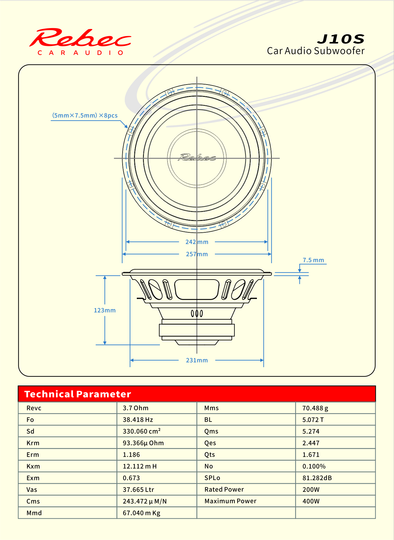Thông số kỹ thuật rút gọn của loa SUB Rebec J10S
